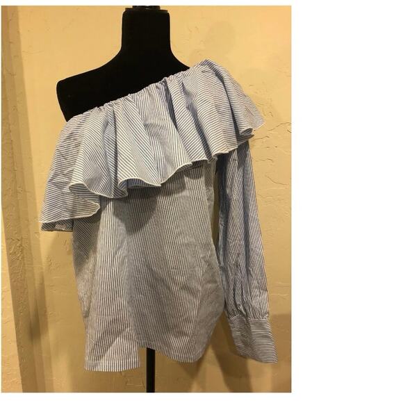 Loft, Blue/White Womens, One Shoulder Blouse $22, Size M, B51 - Picture 4 of 10